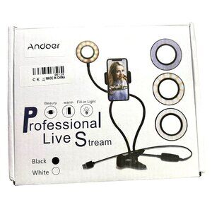 Andoer Professional Live Stream LED Ring Light Phone Holder 3 Light Settings NIB